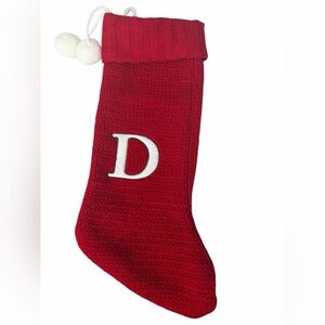 INDIGO “D” Monogram Pom Pom Stocking White Holiday Initial Christmas Like New
